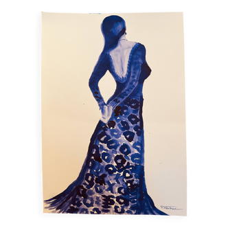 Monochrome indigo watercolour portrait of a woman "the indigo dress"