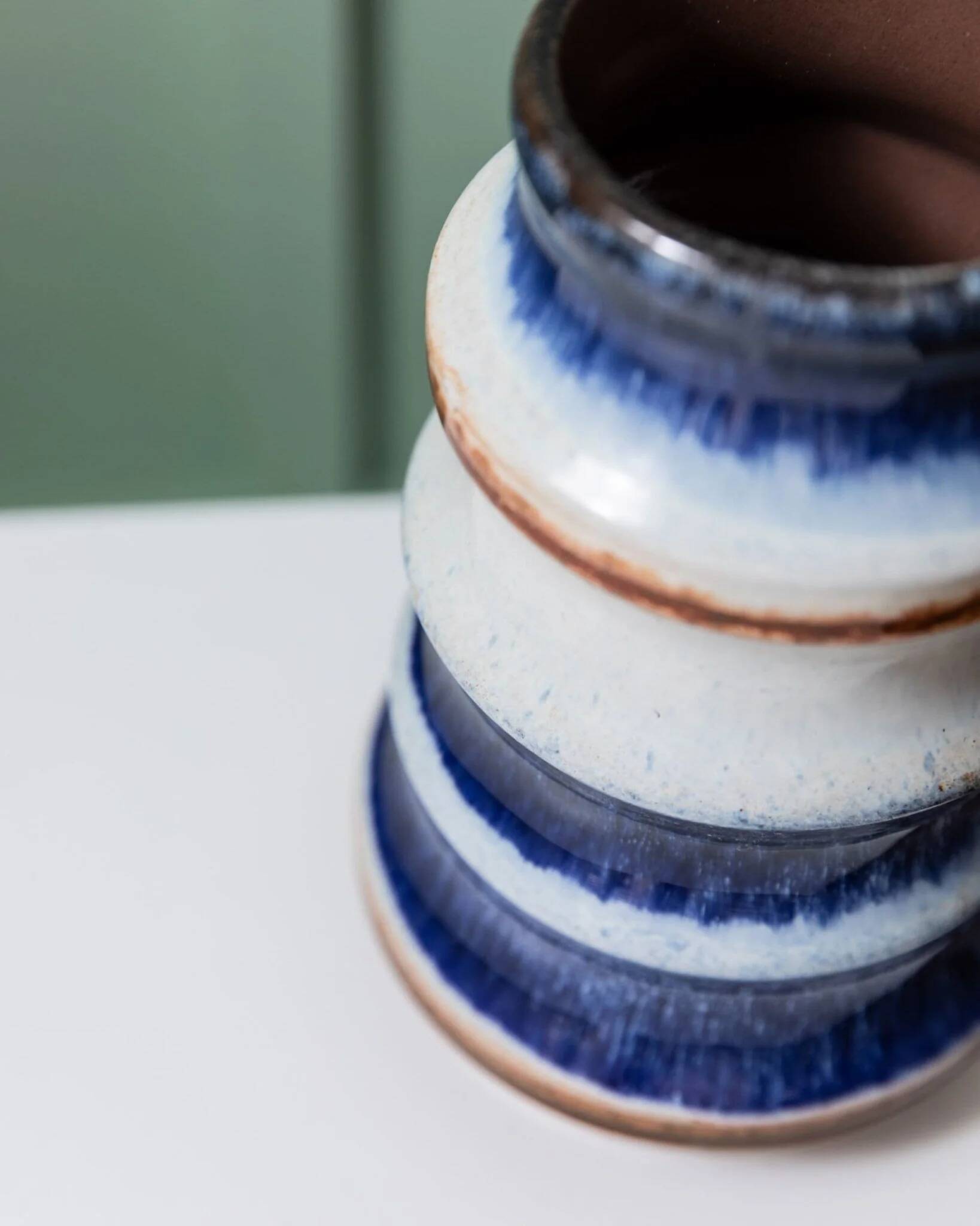 Blue and White Striped Ceramic Vase by Strehla – German Mid-Century, 1960s