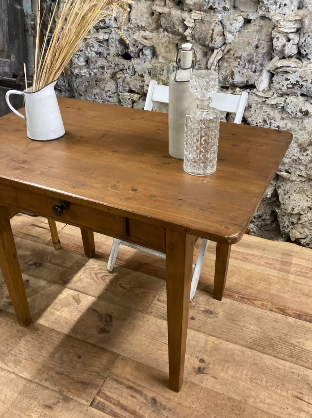 Rectangular wooden farmhouse table or rustic desk with antique drawer