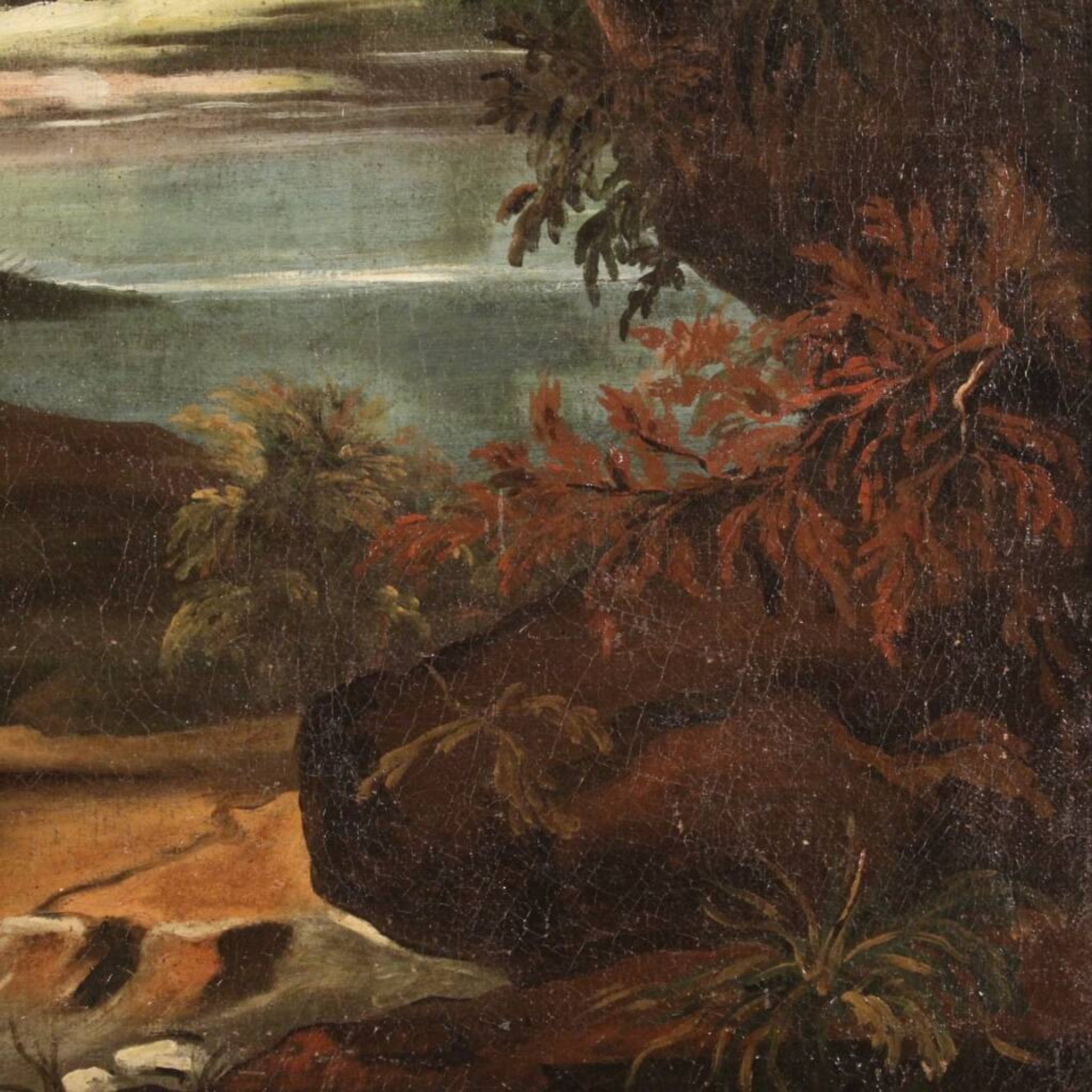 Peinture ancienne de paysage avec personnages du XVIIIe siècle
