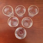 Set of 6 glasses decorations relief white flowers and golden edging - vintage