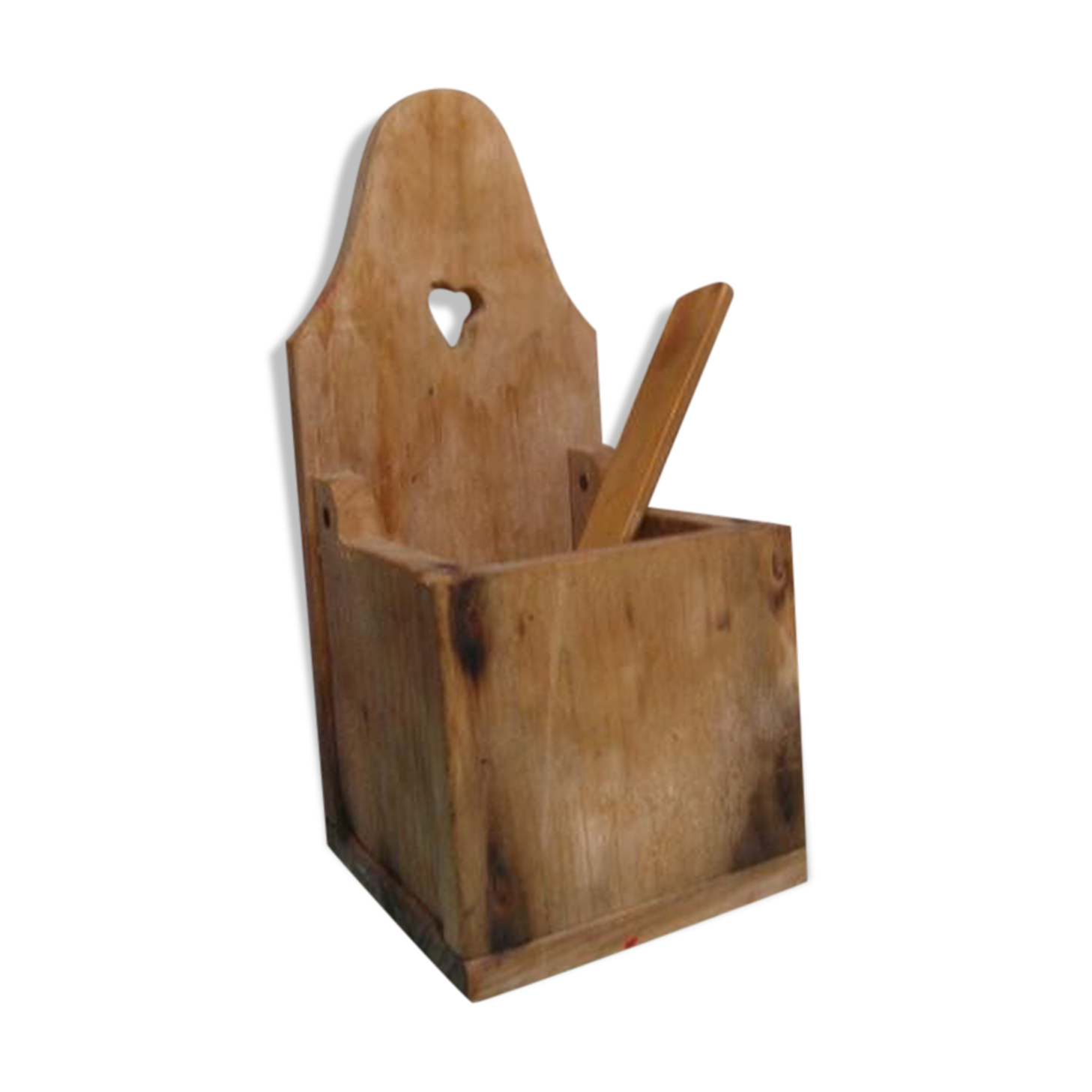 Vintage wooden salt box with spoon
