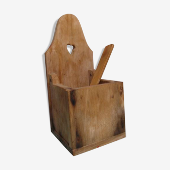 Vintage wooden salt box with spoon