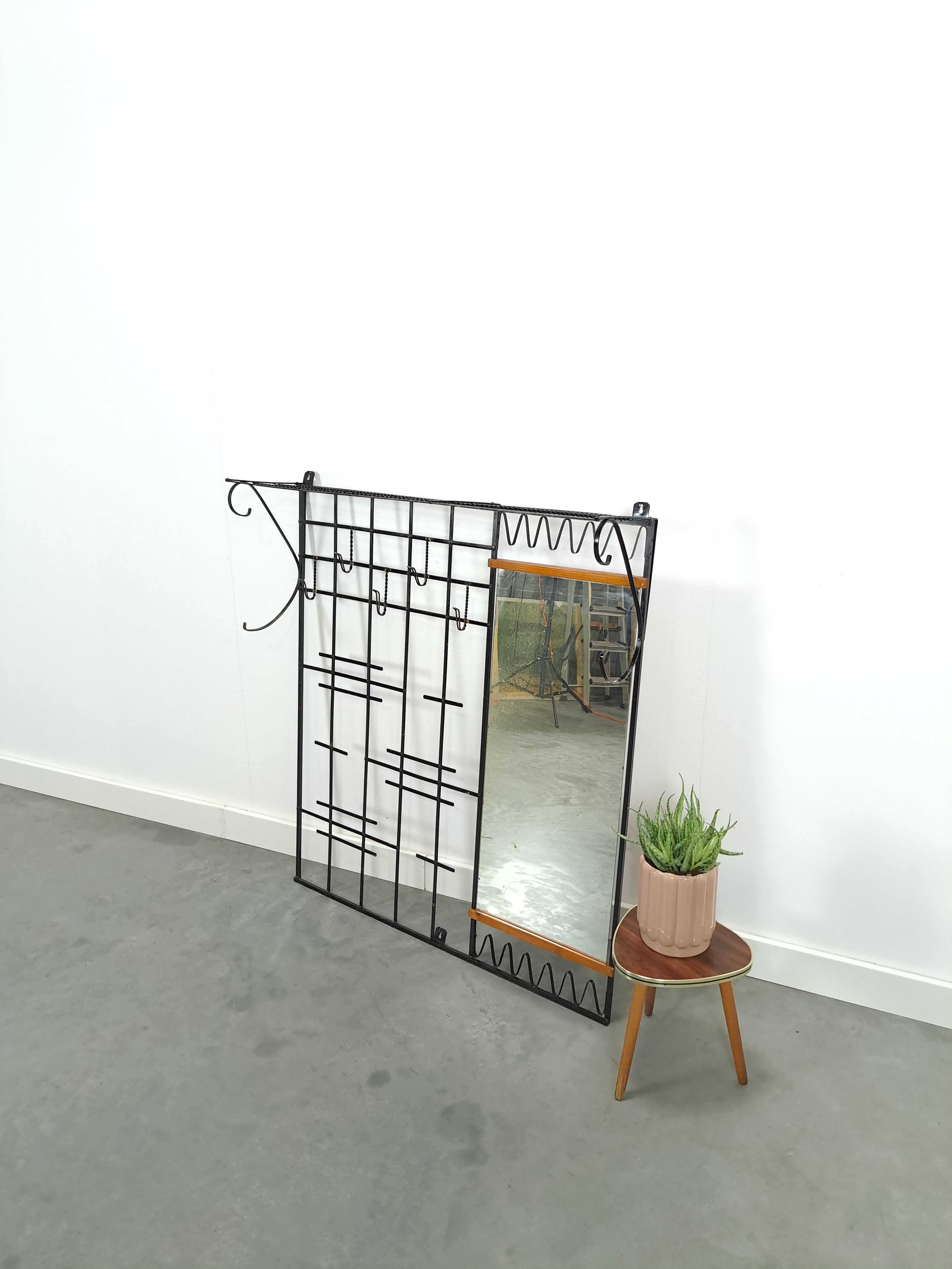Wall coat rack vintage steel with mirror and shelf