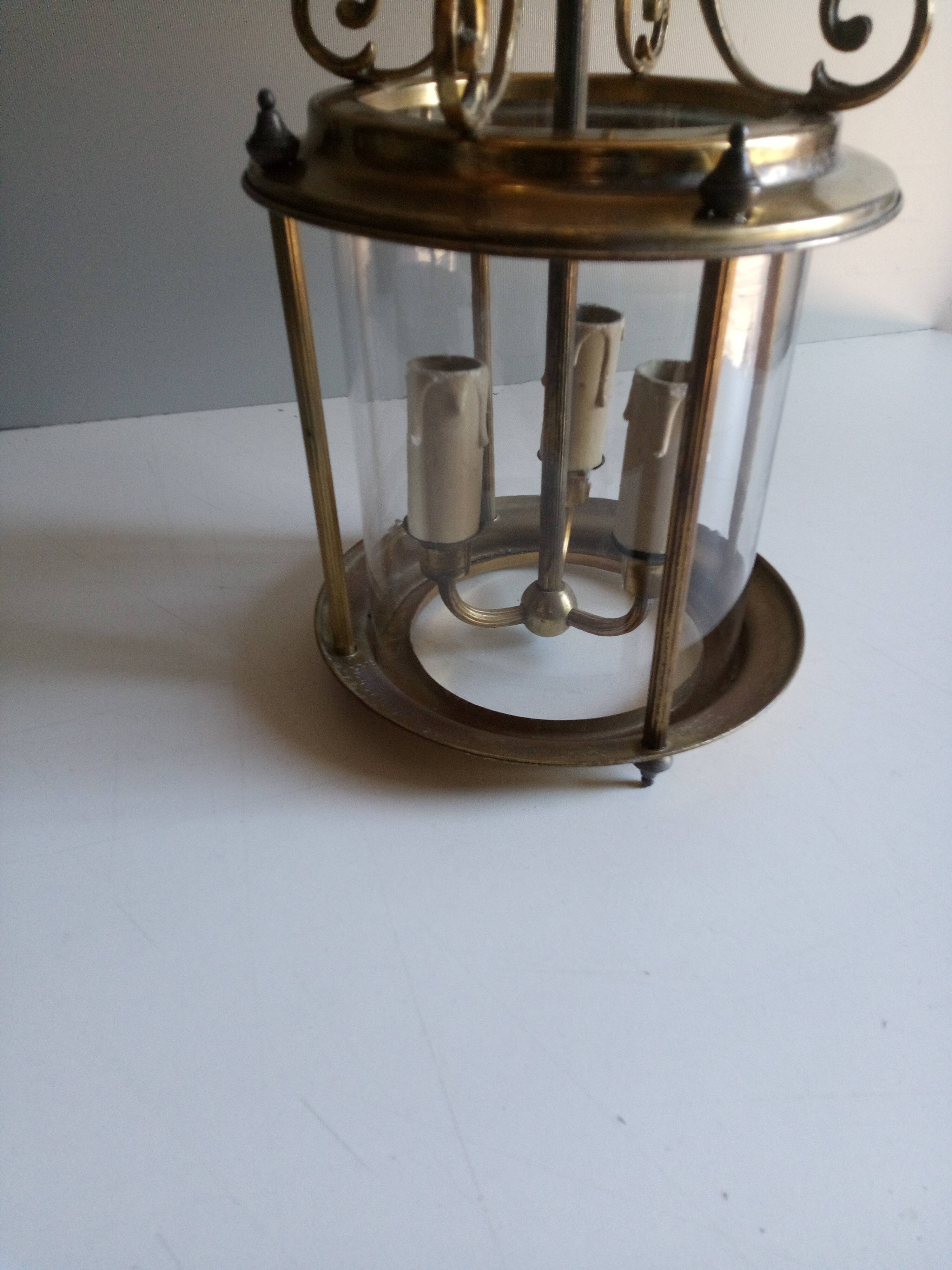 Antique entrance hall lantern - 3 lights - brass & convex glass