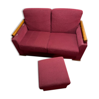 Design sofa 2 places burgundy velvet, French manufacture & footrest
