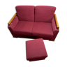 Design sofa 2 places burgundy velvet, French manufacture & footrest