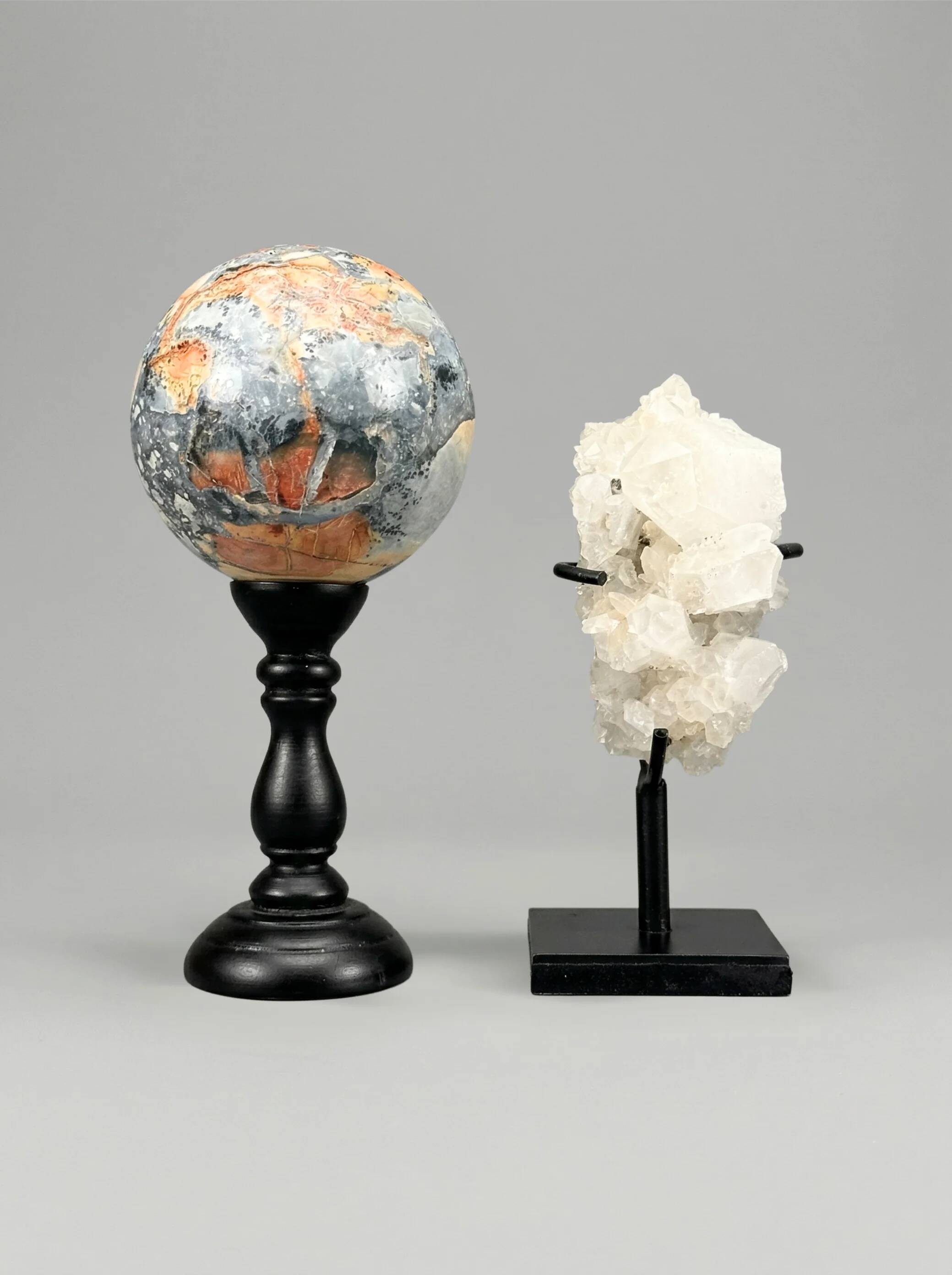 Decorative duo — Maligano jasper sphere & quartz clusters on bases
