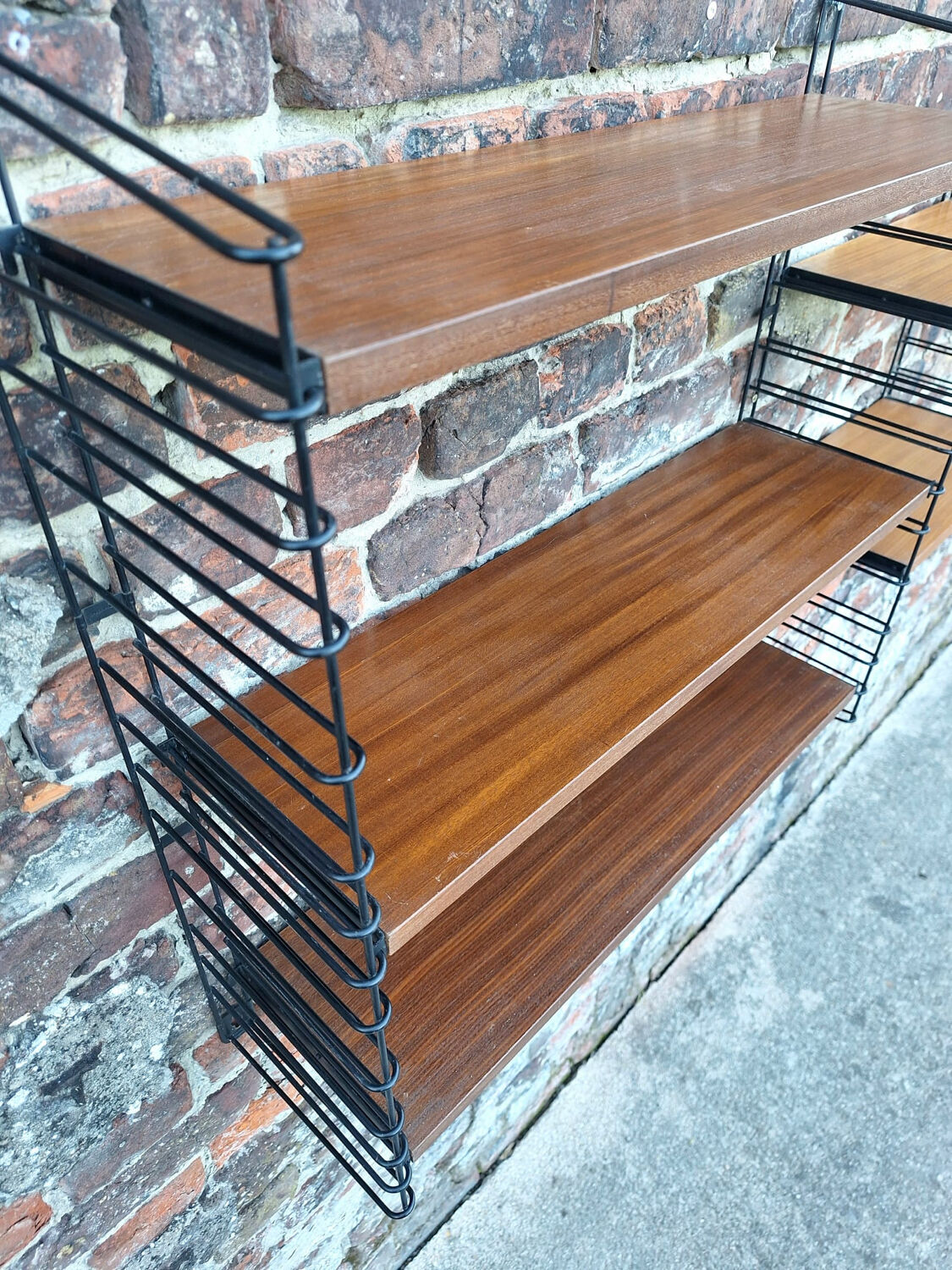 Vintage wood and metal shelves, designer storage.