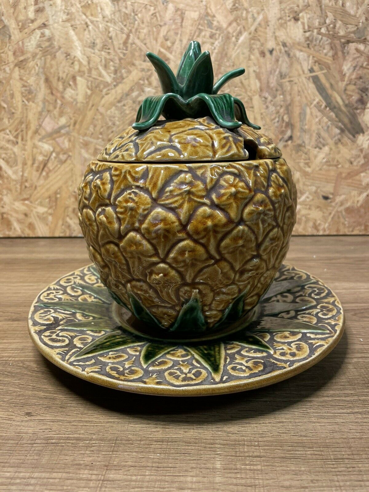 Barbotine ananas vintage ensemble pot et plat, deco exotique