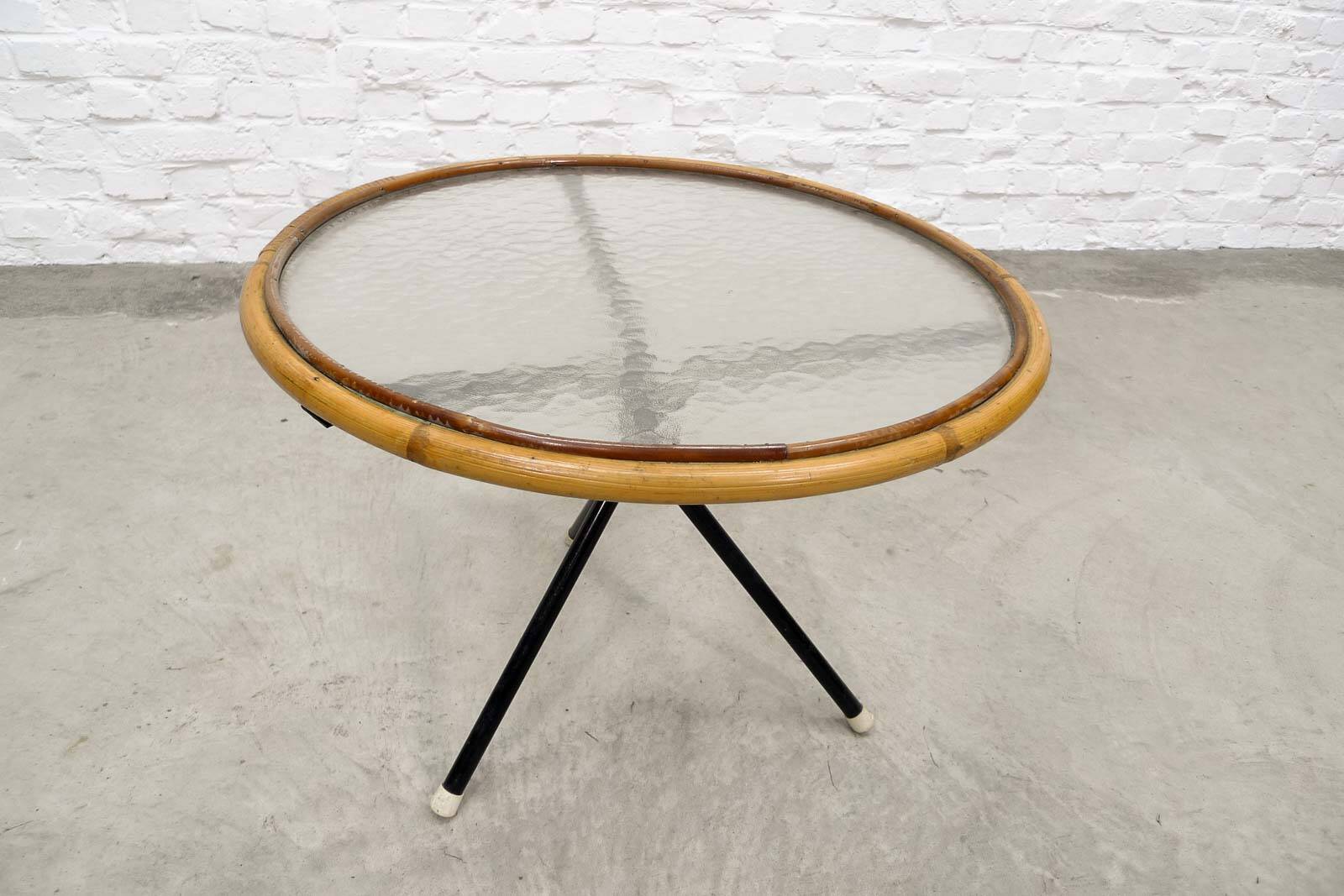 Mid-Century Set of Three Round Rattan and Glass Side Tables, 1960s