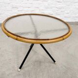 Mid-Century Set of Three Round Rattan and Glass Side Tables, 1960s