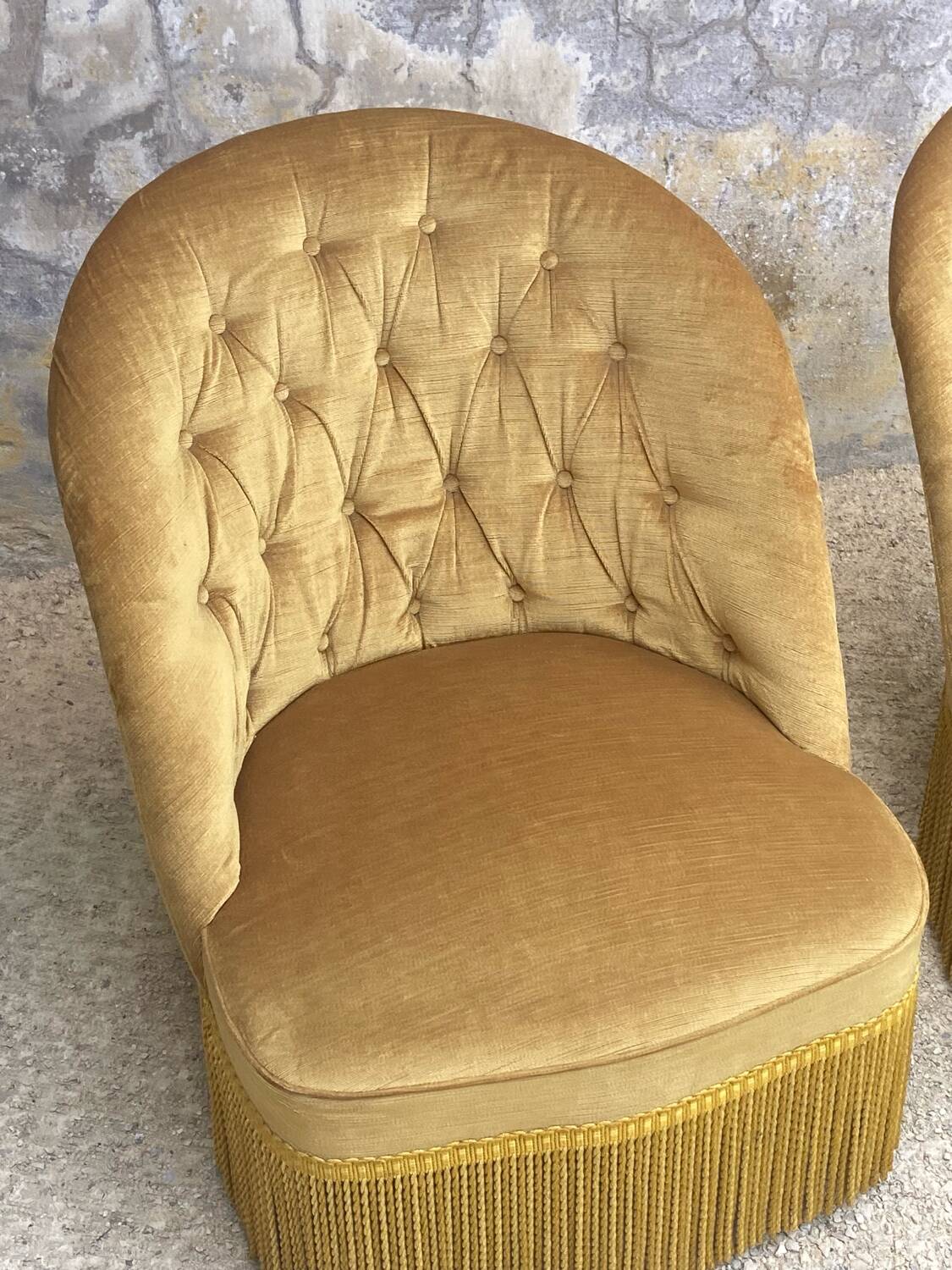 Pair of vintage toad armchairs in golden yellow velvet