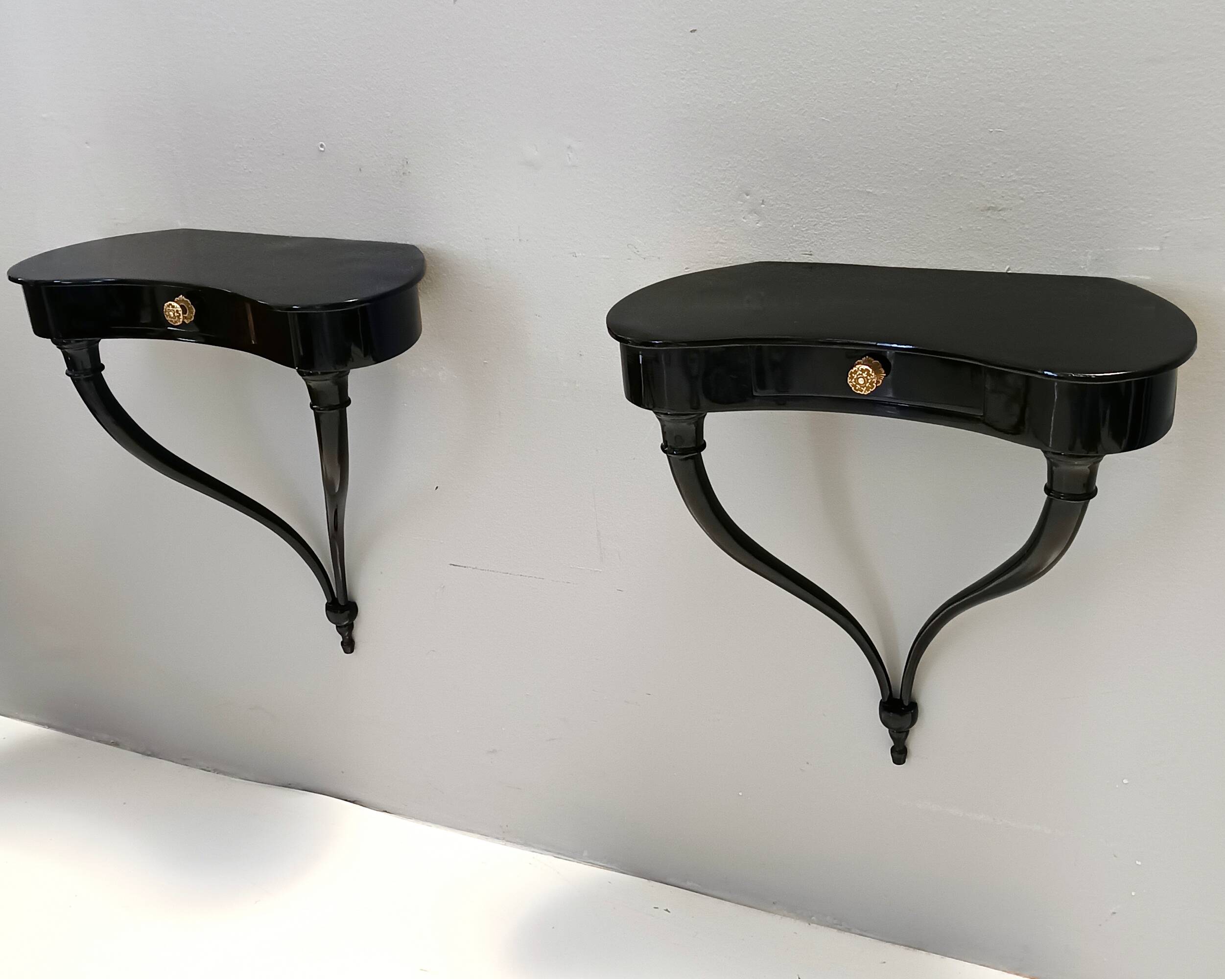 Pair of Black Wall-Mounted Console Tables / Nightstands attr. to Ulrich