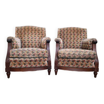 paire de fauteuils de style Louis XVI vers 1900 tapisserie façon velours de gênes