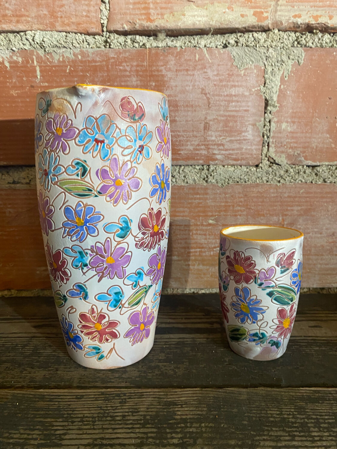 Orangeade Service VALLAURIS Ceramic Flowers Pitcher + 6 Vinta Glasses