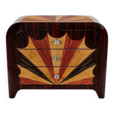 An Art Deco bedside table made of beech wood, rosewood & elm burl.
