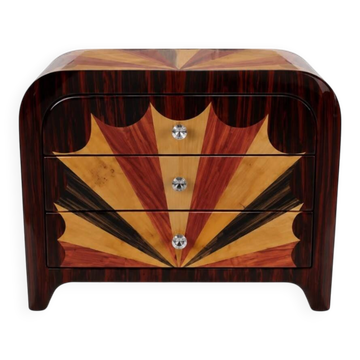 An Art Deco bedside table made of beech wood, rosewood & elm burl.