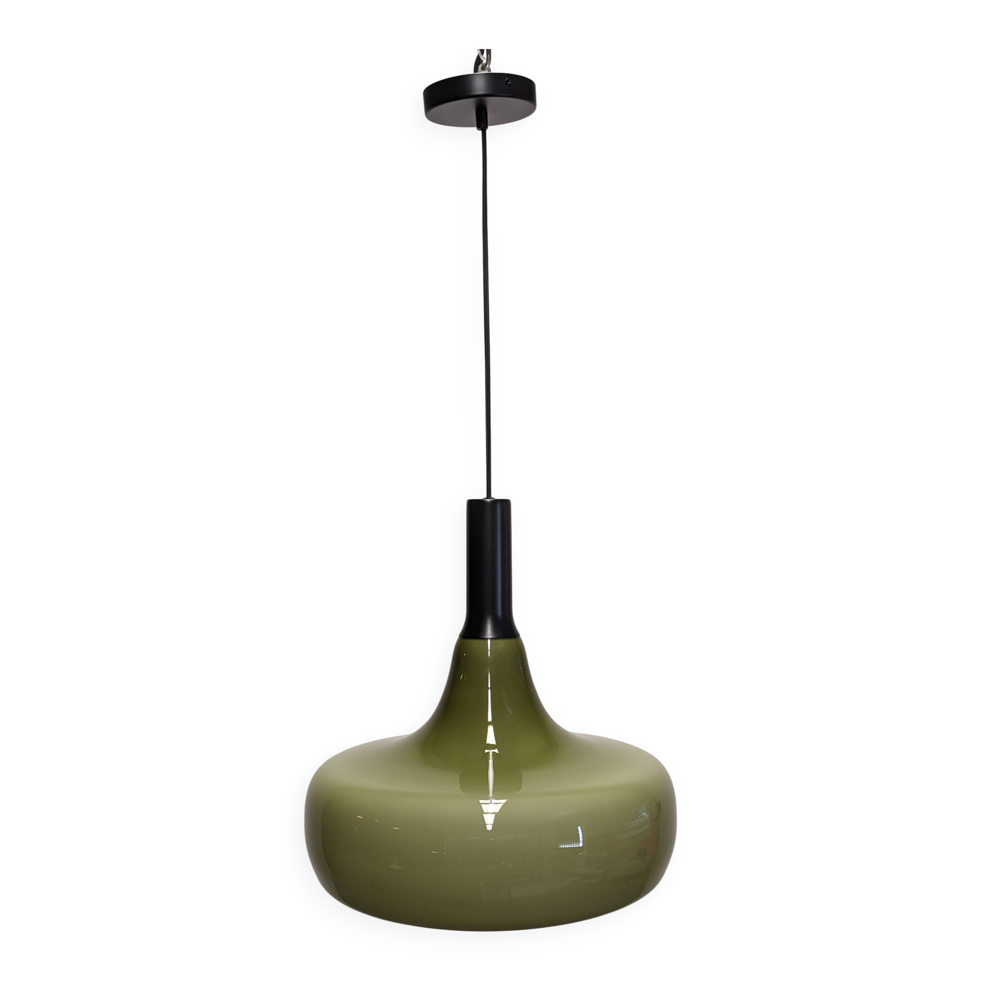 XL olive green opaline water drop pendant light from the 60s/70s
