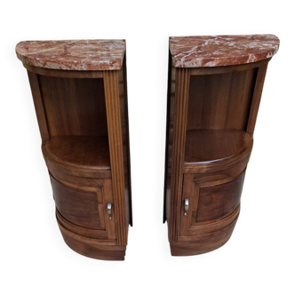 Corner bedside tables, in walnut