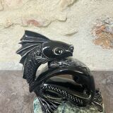 Sculpture poisson vintage céramique barbotine noir ancien art déco XXème