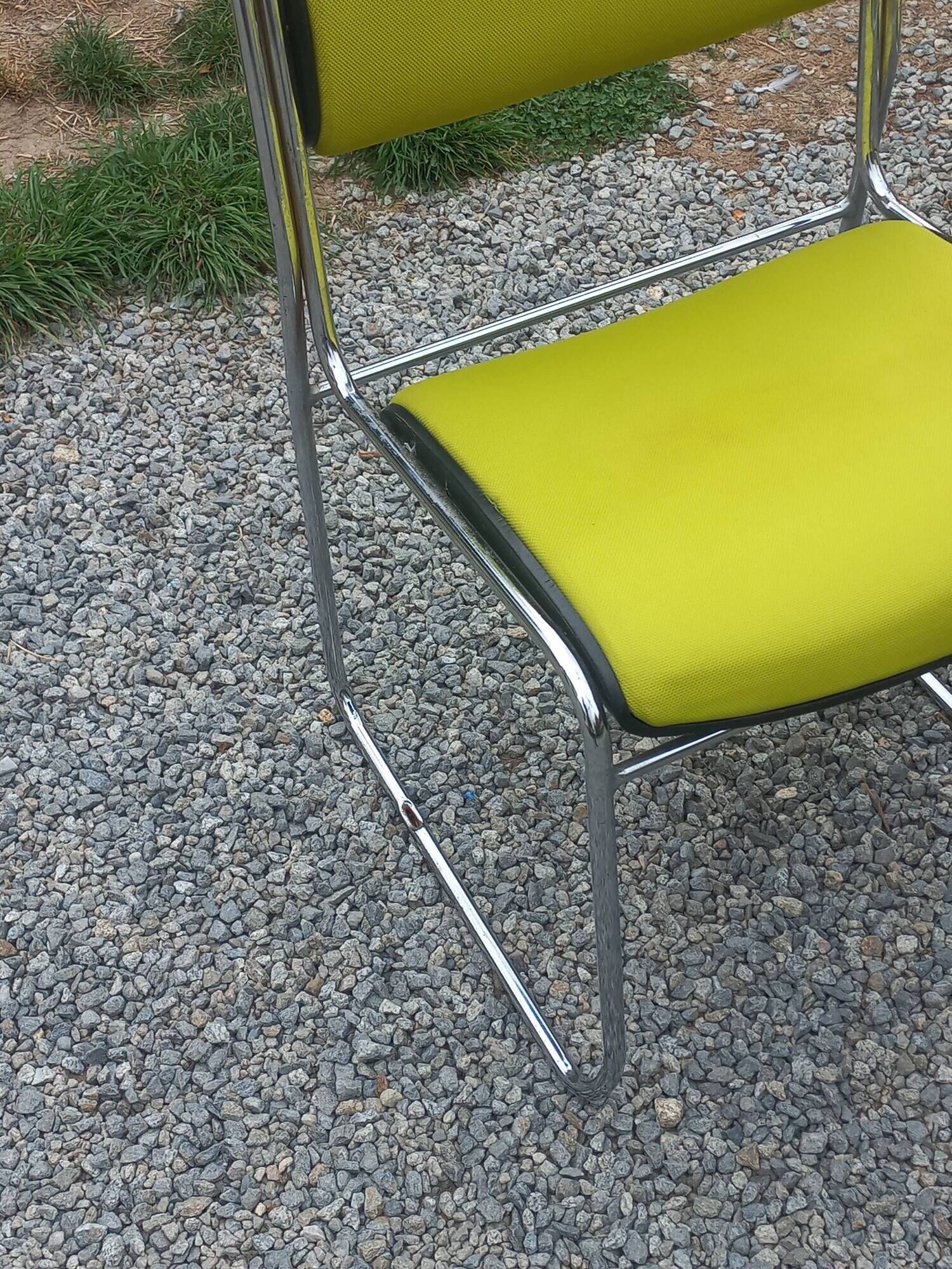 Set of 6 designer chairs with wooden seats and backs, chrome legs.