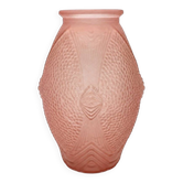 Art Deco vase, pressed moulded glass, pink with geometric decoration.