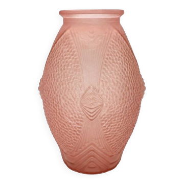 Art Deco vase, pressed moulded glass, pink with geometric decoration.