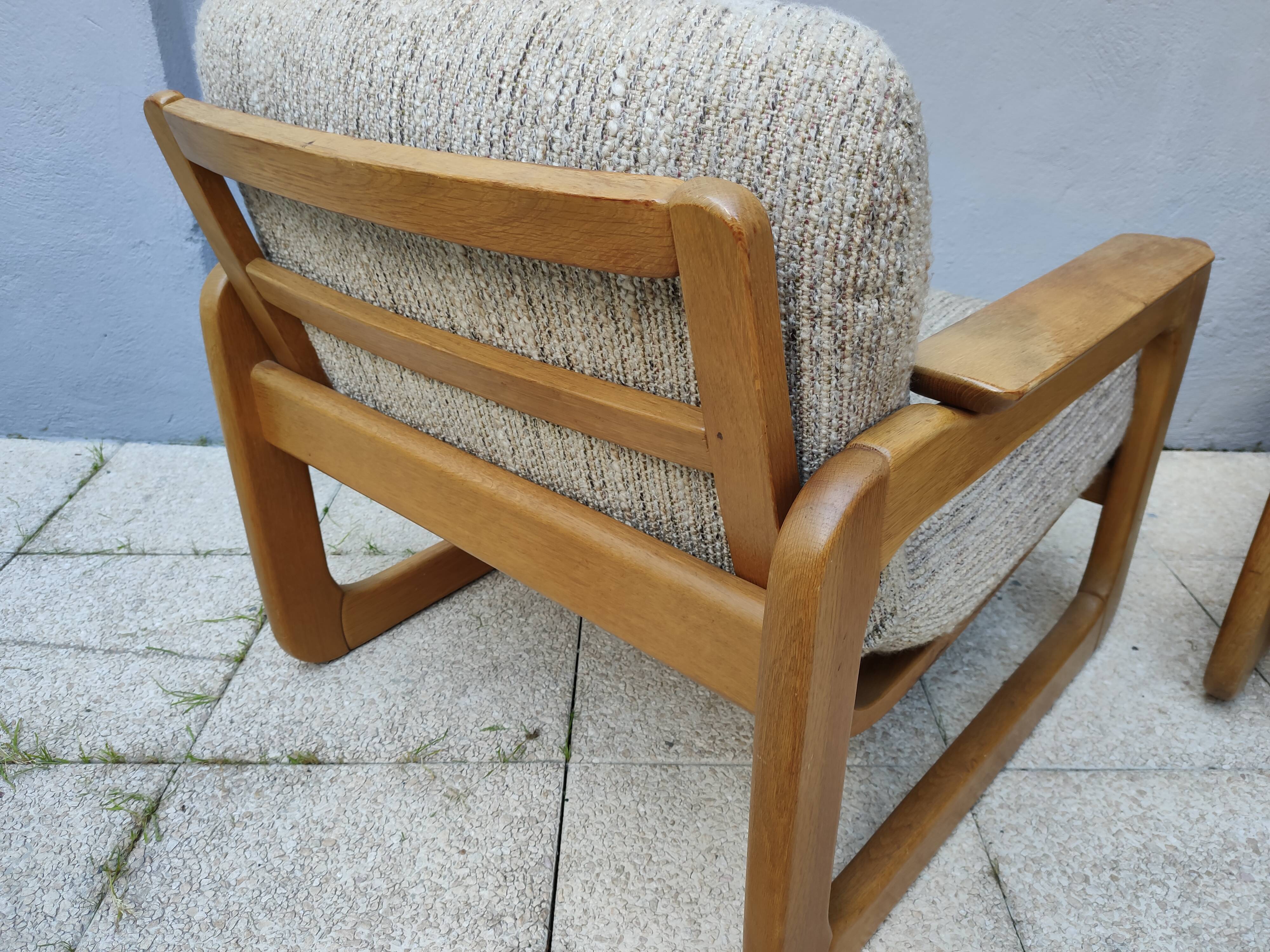 Set of 3-seater sofa + sled chair, 60/70's in oak