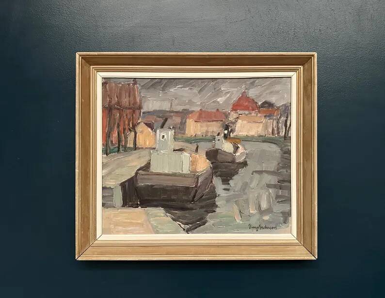Original Swedish Oil on Canvas –“Harbour” by Georg Andersson – Signed – Vintage & Framed – 52 × 40 cm (20.4" x 15.7")