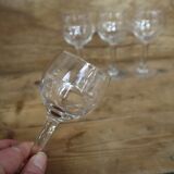 4 old aperitif glasses with transparent stem and faceted relief from the 50s and 60s