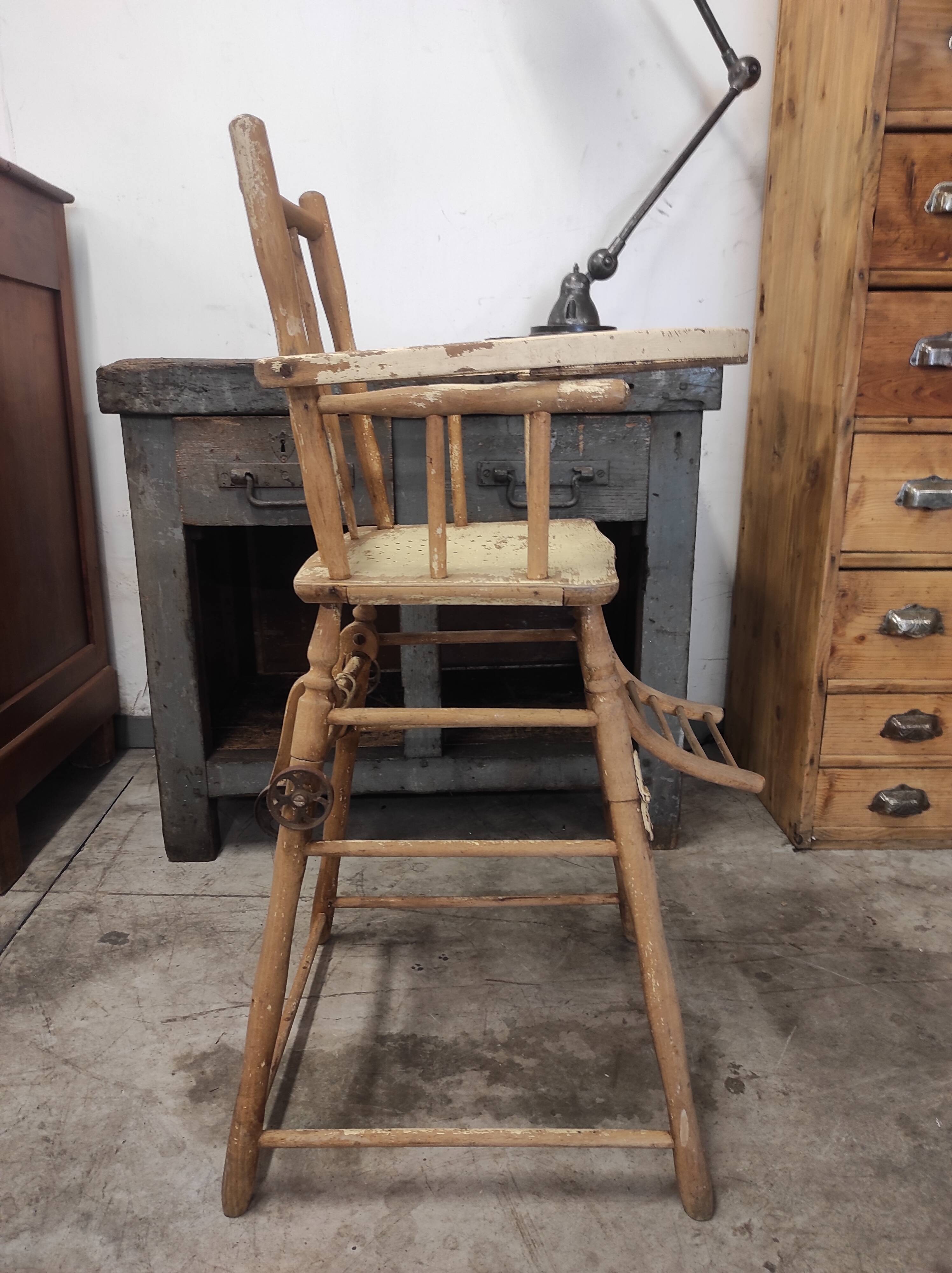 High chair retro baby old wood beech modular patinated white cream art deco dlg Baumann