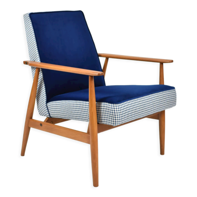 Fauteuil original ''Fox'', restauré, designer H.Lis, années 1970, bleu pied de poule.