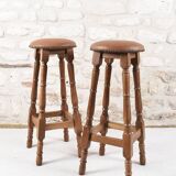 Antique bar stools, brown leather and wood