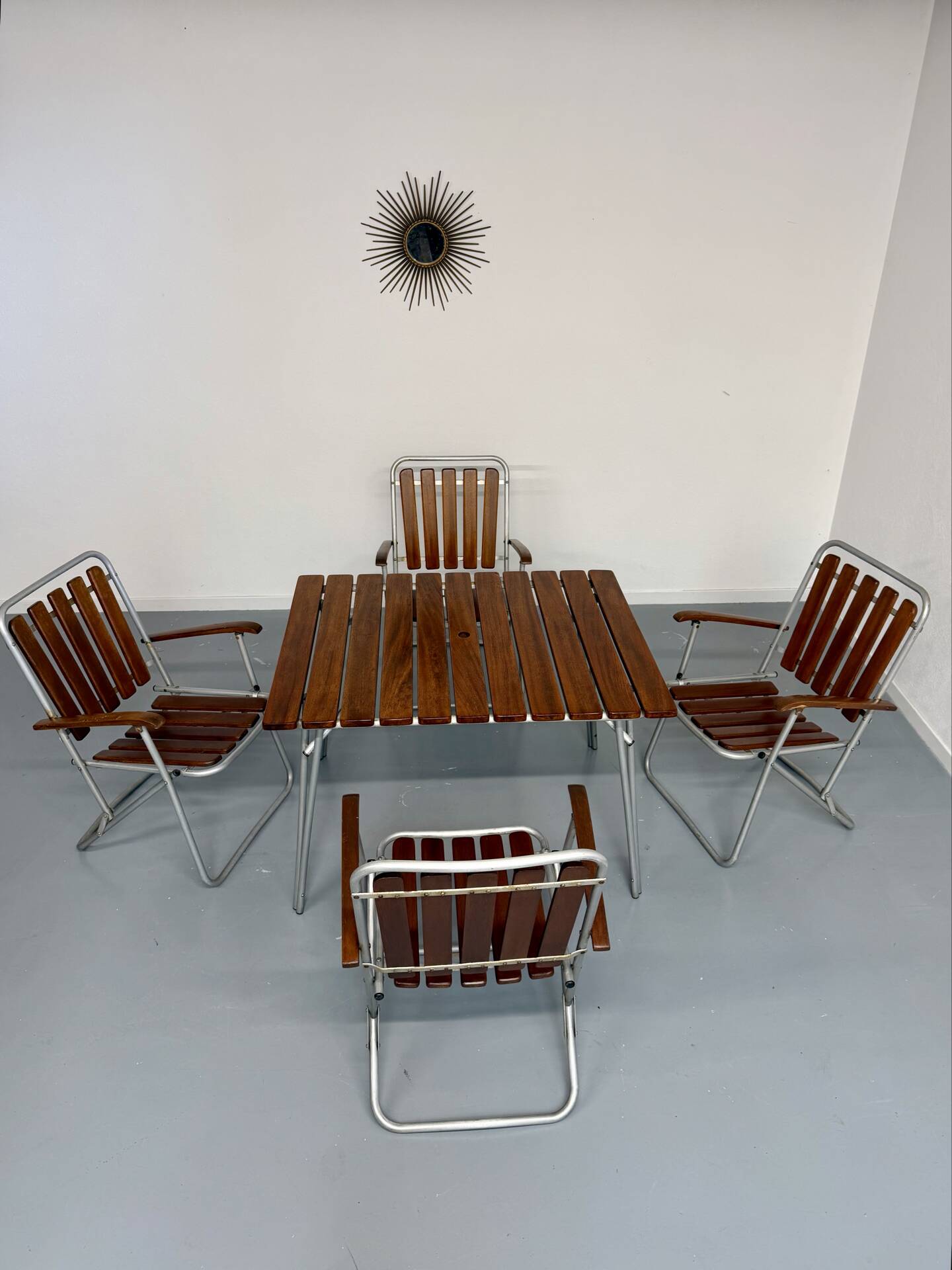 Vintage folding garden set table 4 chairs wood and metal 1960