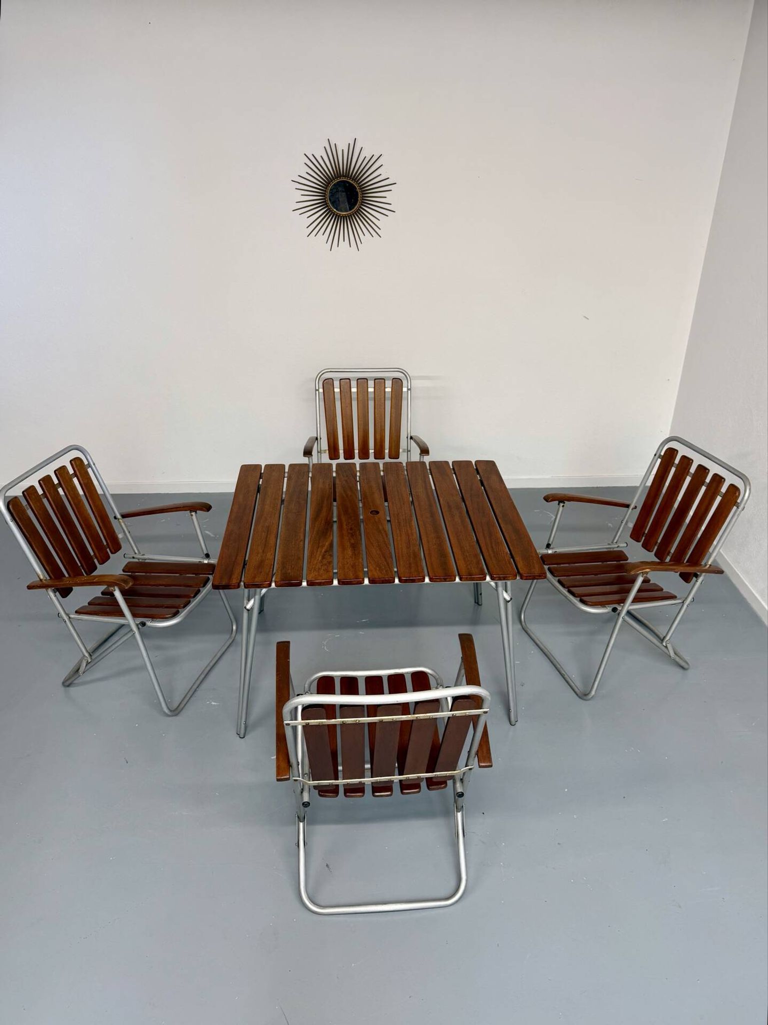 Vintage folding garden set table 4 chairs wood and metal 1960