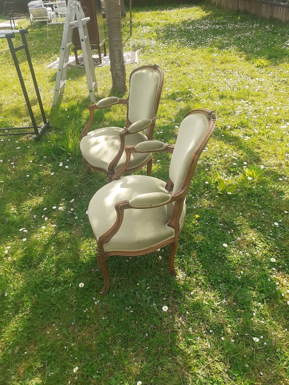 Pair of Rocaille style armchairs in green fabric and walnut, 19th century