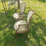 Pair of Rocaille style armchairs in green fabric and walnut, 19th century
