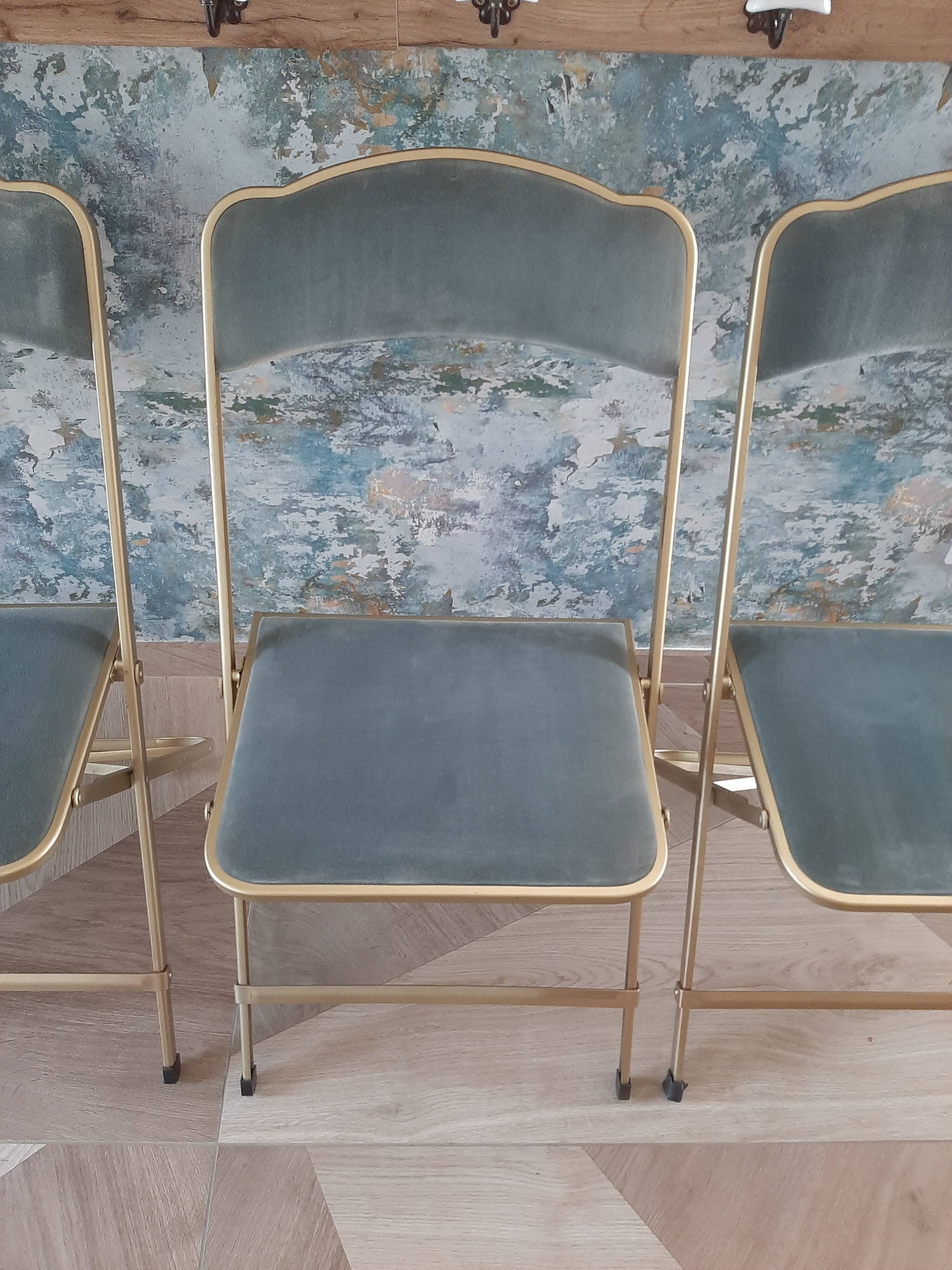 Lot de 4 chaises  pliantes - dossier et assise vert d'eau - structure métal doré -Chaisor