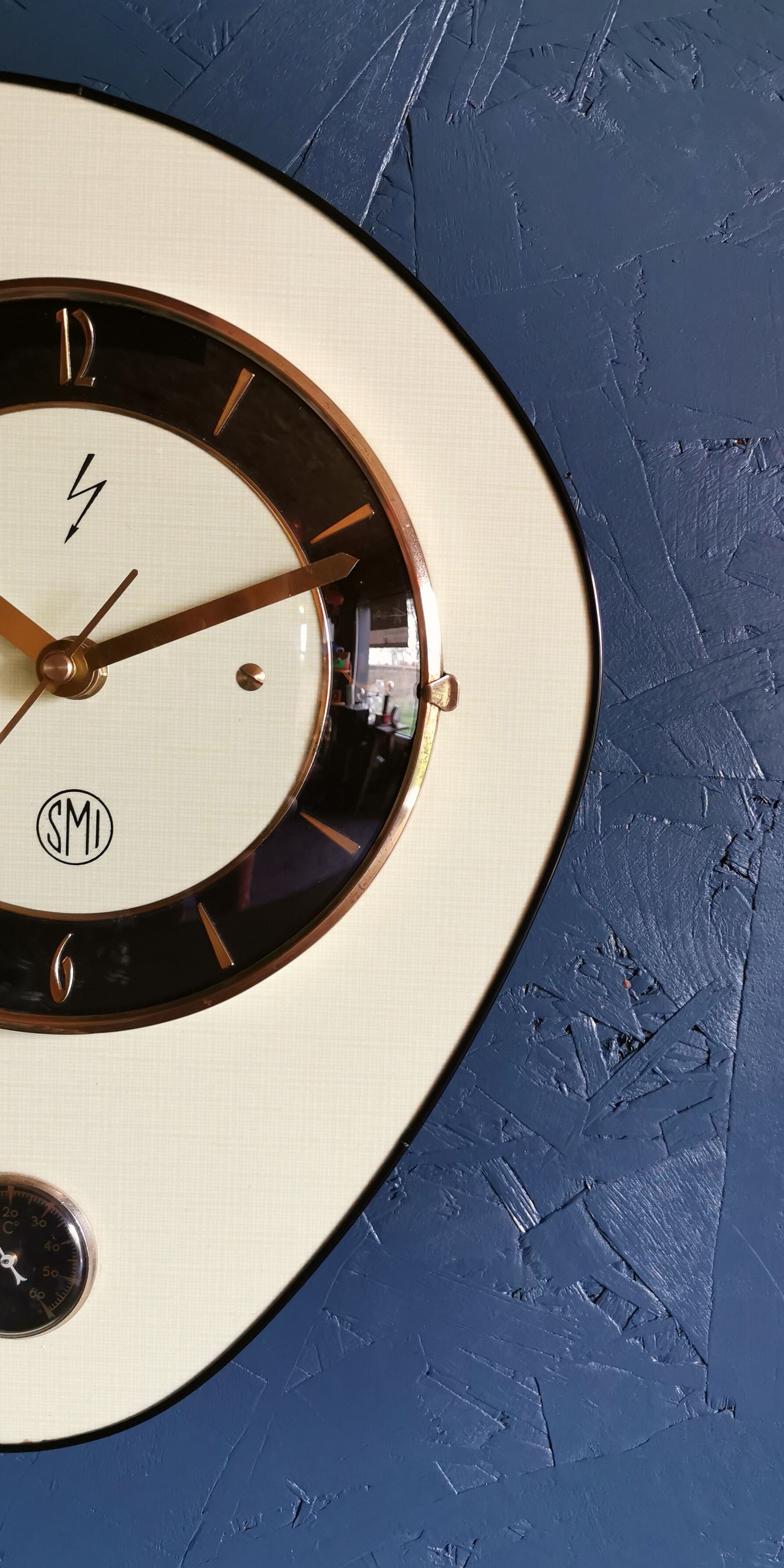 Vintage formica clock asymmetrical silent wall clock "SMI yellow black"