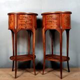 Pair of bedside Louis XV drums in precious wood marquetry of the twentieth century