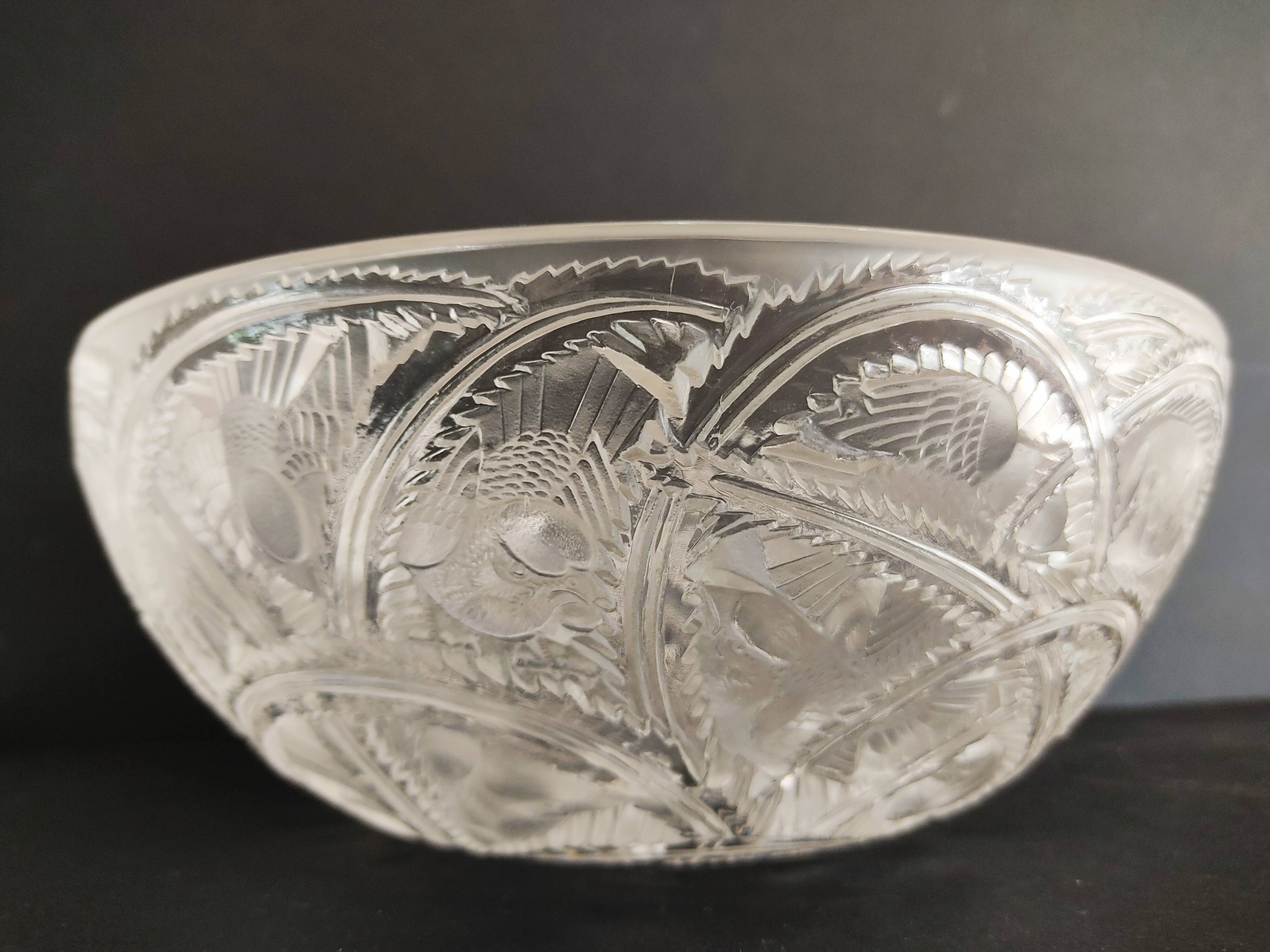 Coupe Lalique pinsons et feuillages signée