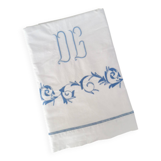 Drap ancien Brodé bleu “DG” pour lit de 160 cm