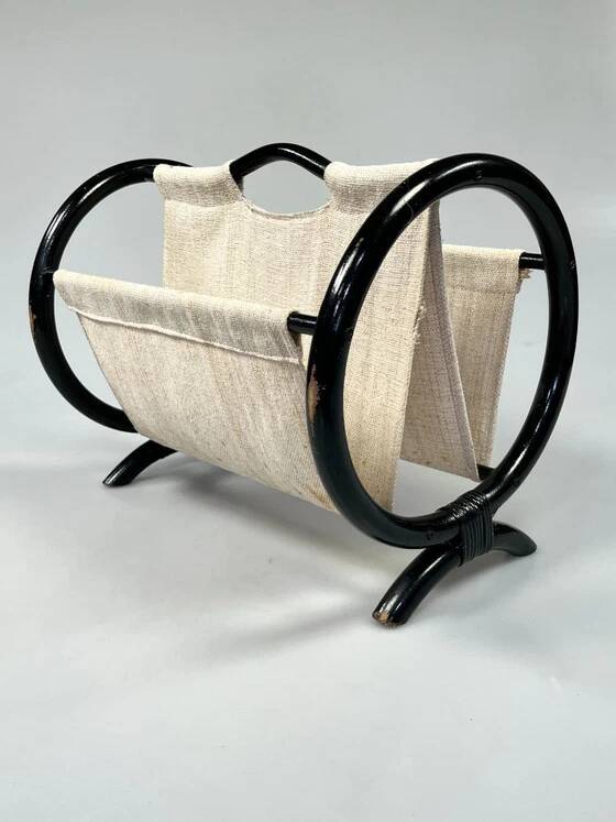 Vintage Round Magazine Rack / Reading Basket, Black Rattan, 1970's