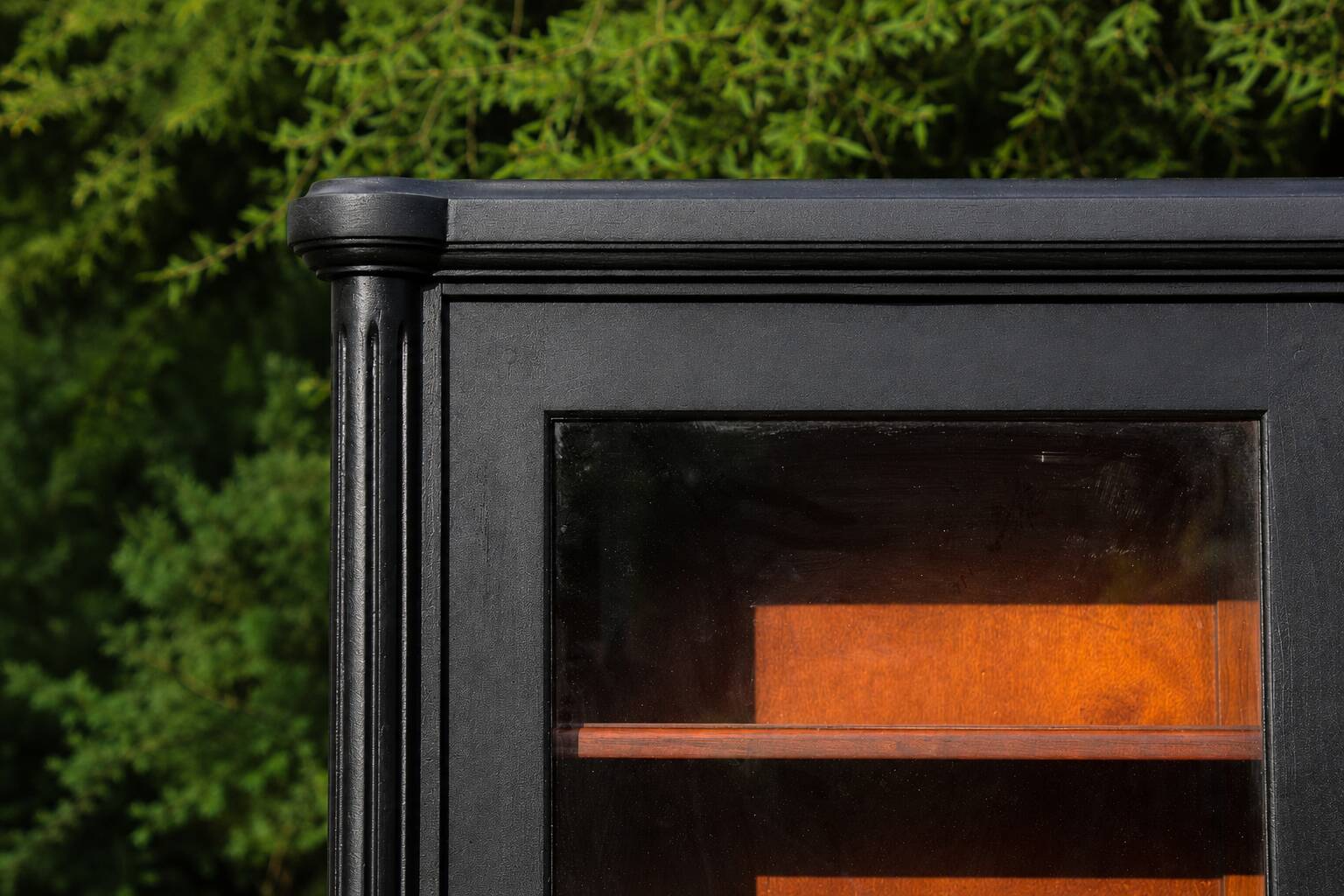 Renovated black antique Louis XVI style display cabinet, glass-fronted bookcase.
