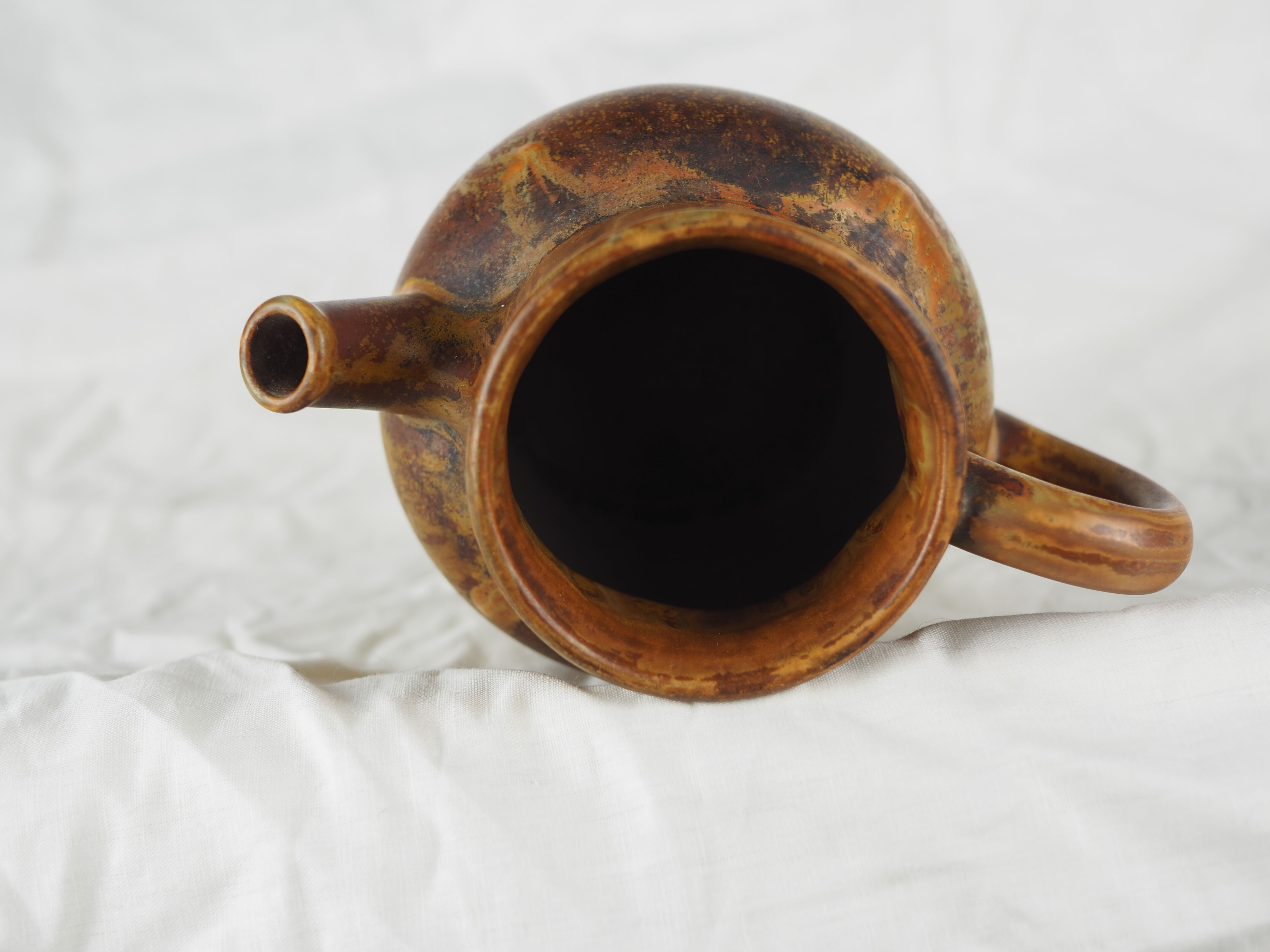 Rooster frieze pitcher, glaze with warm brown drips, ochre and volcanic - Denbac - 30s