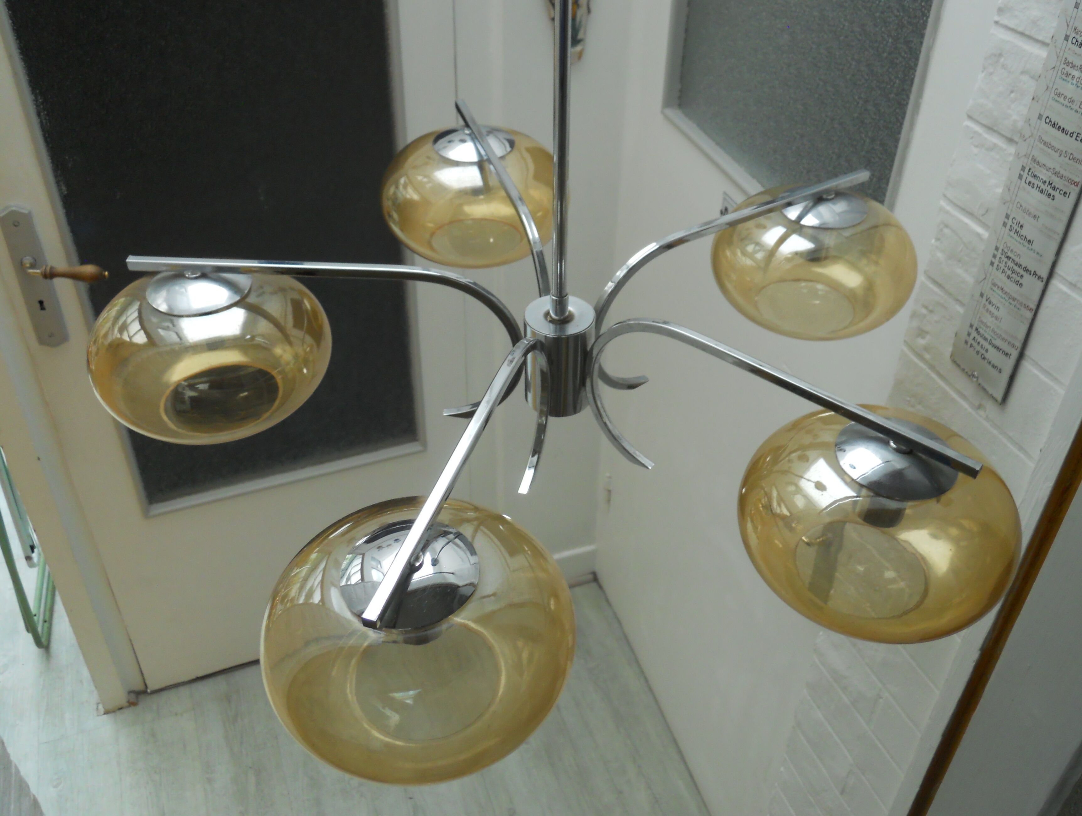 Vintage chandelier chrome and glass smokes 5 lights