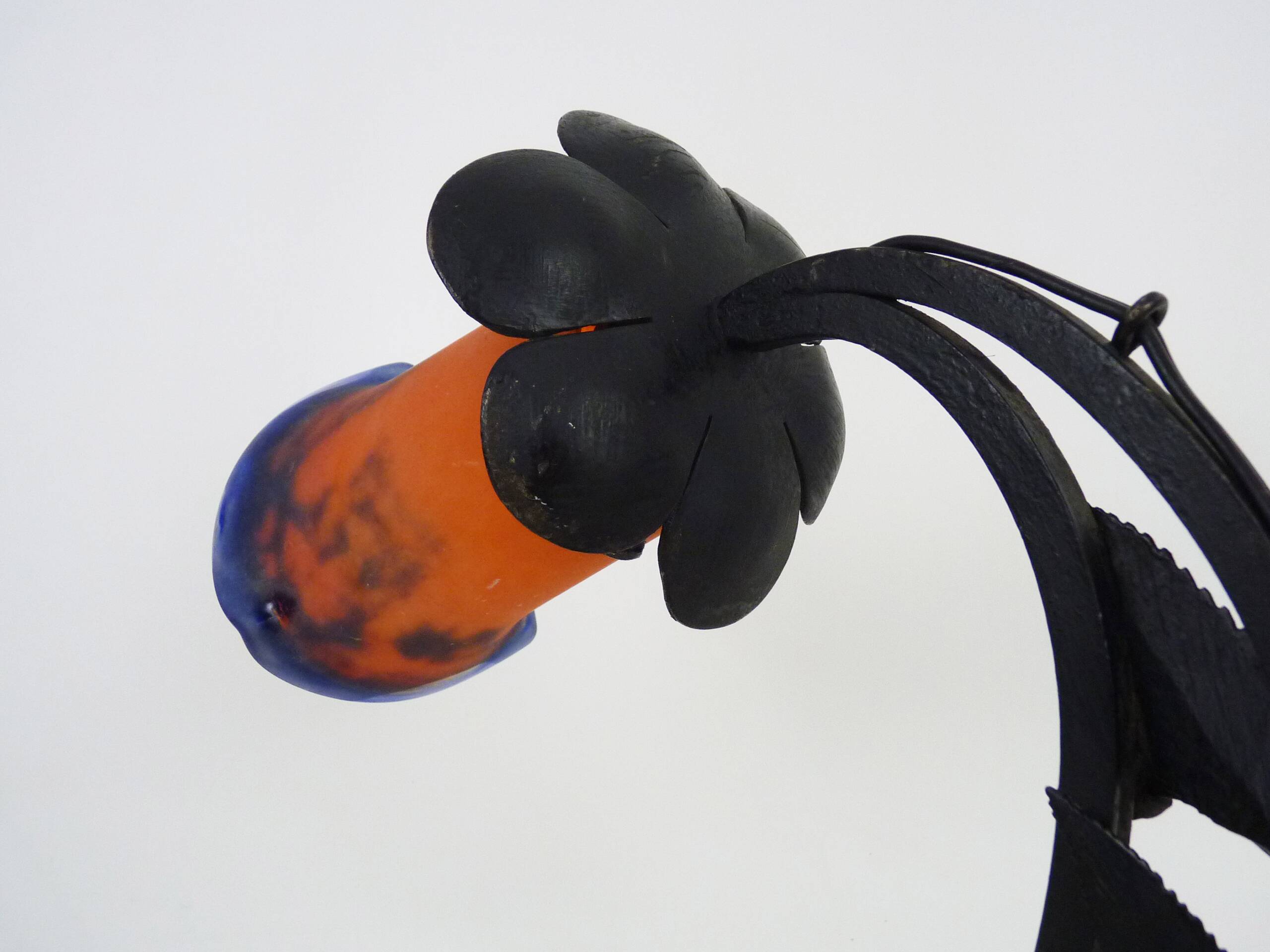 Art Deco Noverdy tulip lamp with black wrought iron base. 1930s