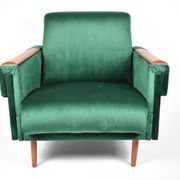 Vintage velvet armchair, 1960s, restored, green bottle
