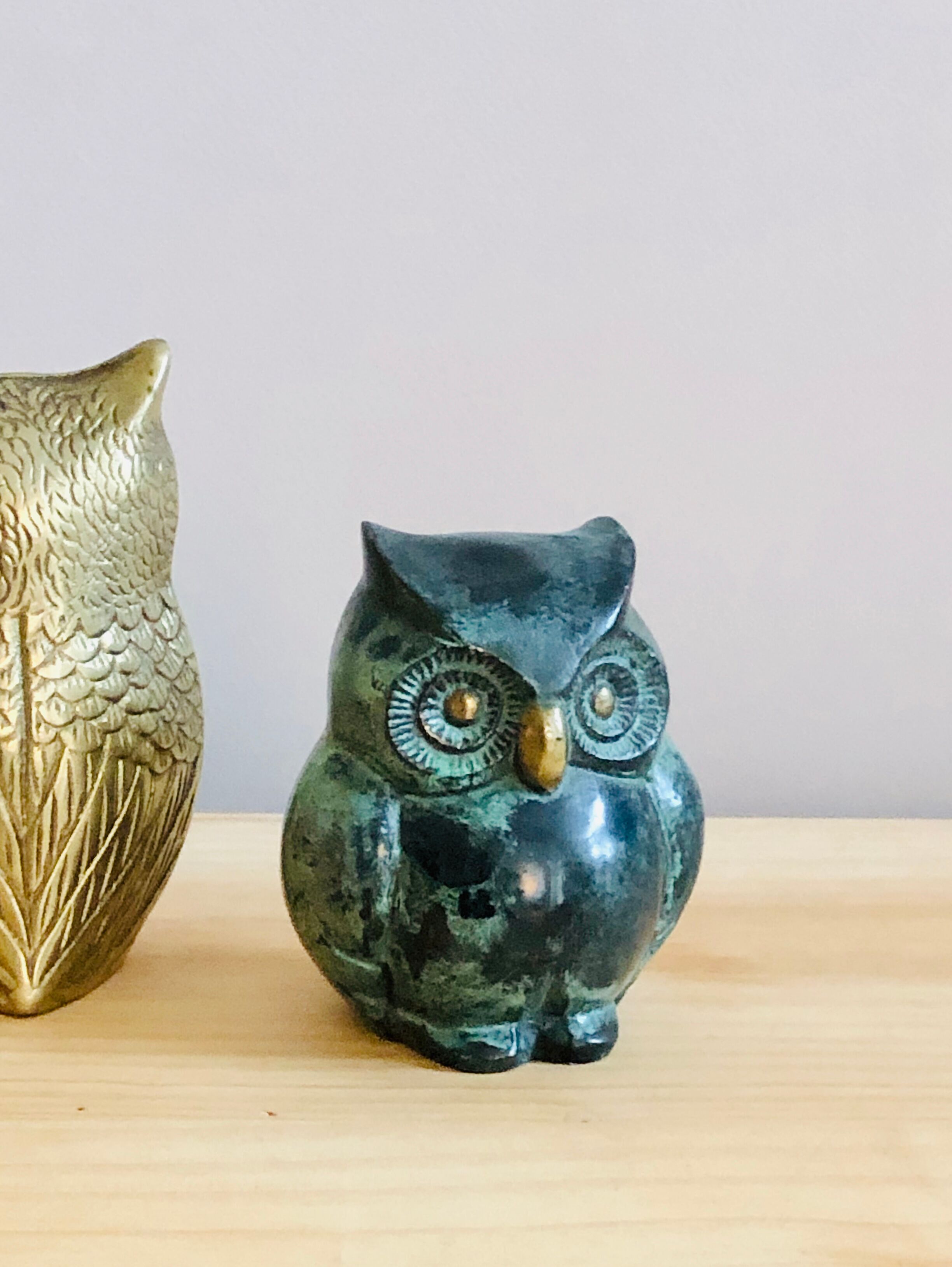 Grey-green enamelled brass owl